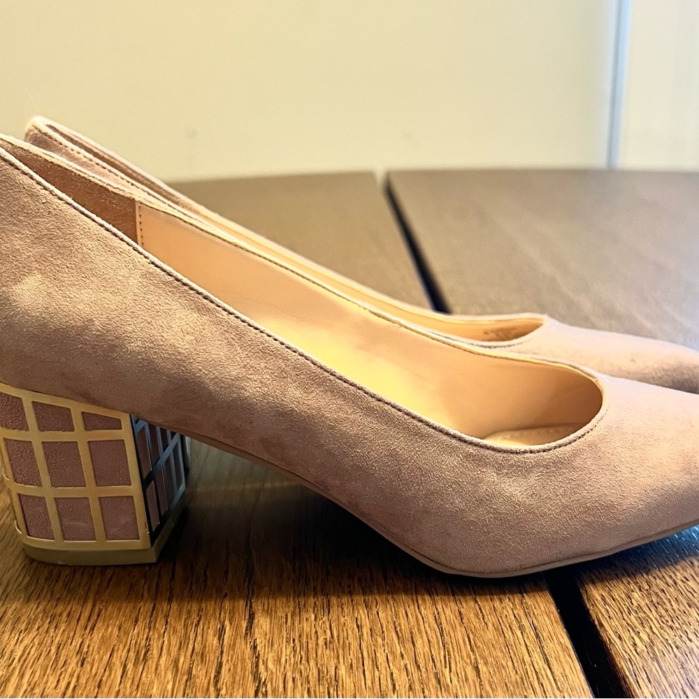 Brian Atwood Blush Suede Block Heel Pumps, size 6.5